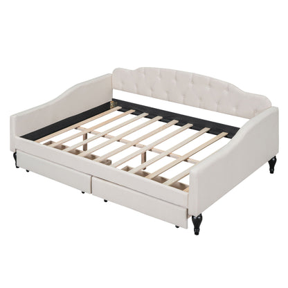 Upholstered tufted daybed in cream fabric with button-tufted headboard and wooden slat base on Tampa Home & Garden Store