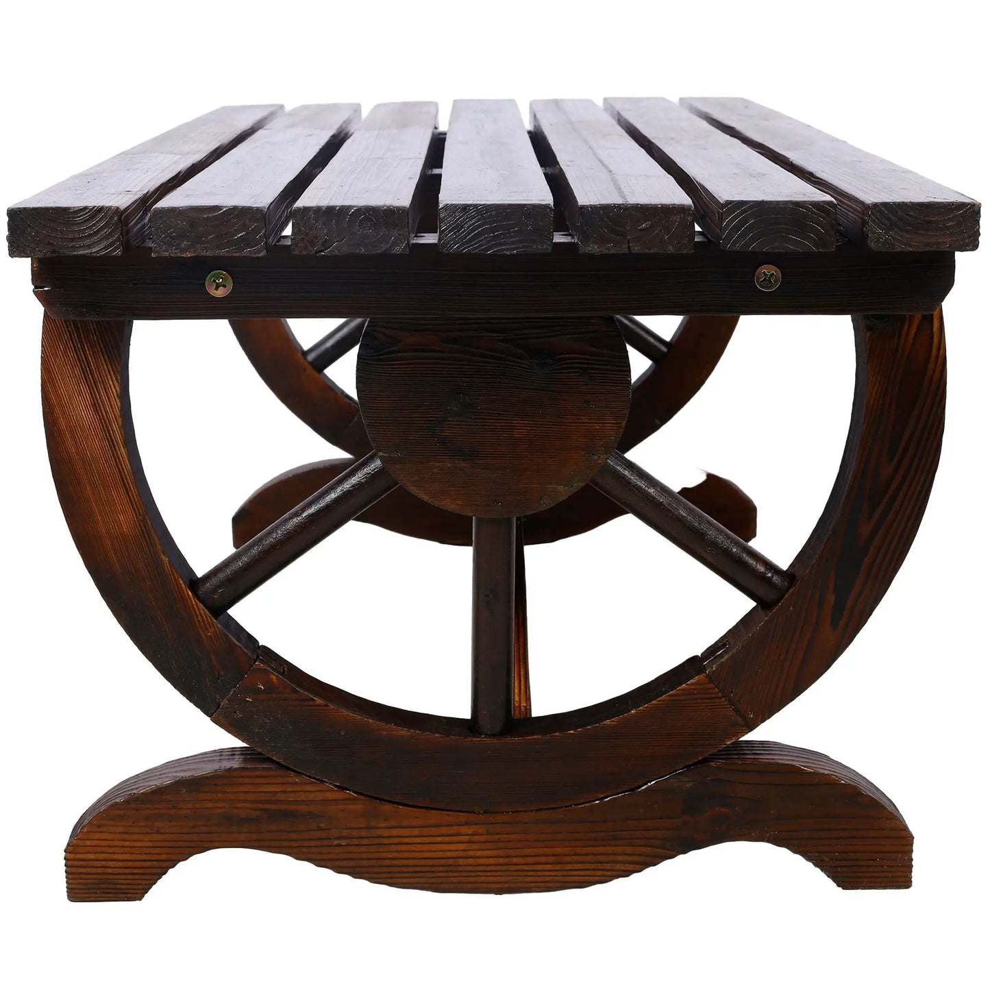 Rustic Wooden Bench with Wagon Wheel Legs Garden