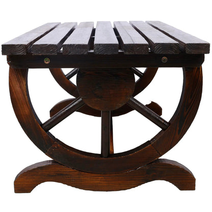 Rustic Wooden Bench with Wagon Wheel Legs Garden