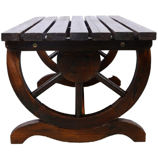 Rustic wooden bench with wagon wheel legs, brown finish, Unique Piece Furniture on Tampa Home & Garden Store