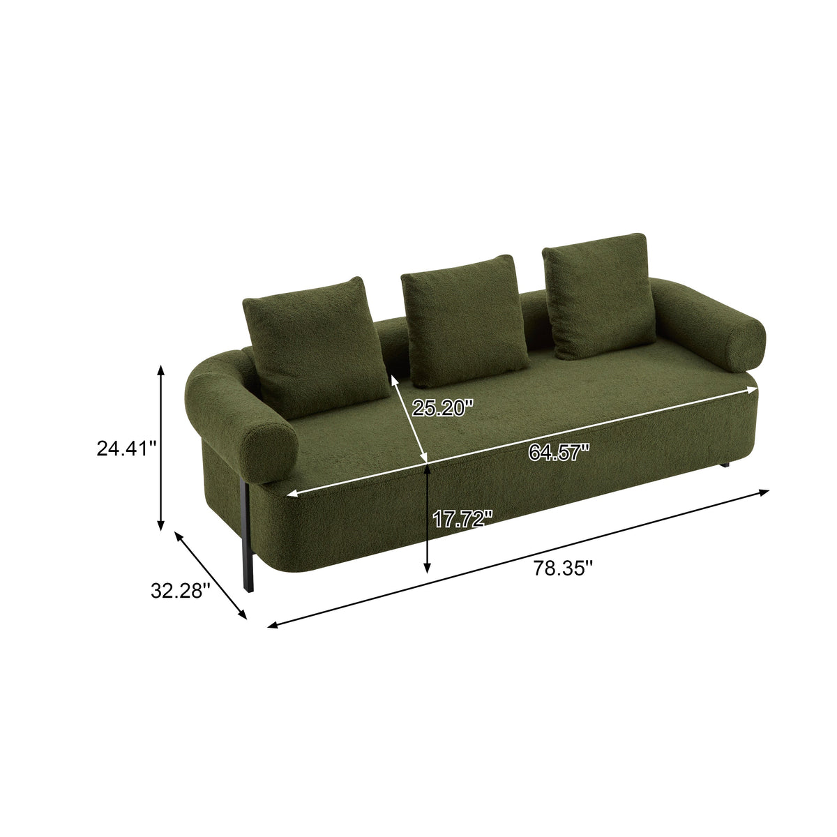 78-inch modern 3-seater sofa in olive green boucle with curved arms and three back cushions on Tampa Home & Garden Store