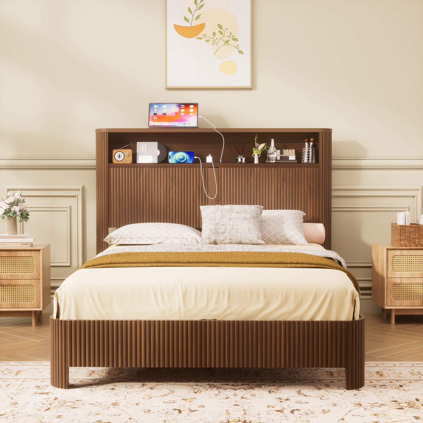 Full Extra Long Bed Frame and Storage Headboard