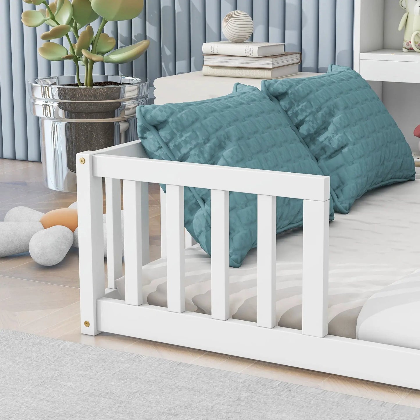 Floor Bed With Side Bookcase and Guard Rails