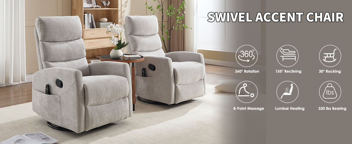 Heat Massage Manual Recliner Chair with Rocker and Swivel, two light gray fabric recliners on Tampa Home & Garden Store