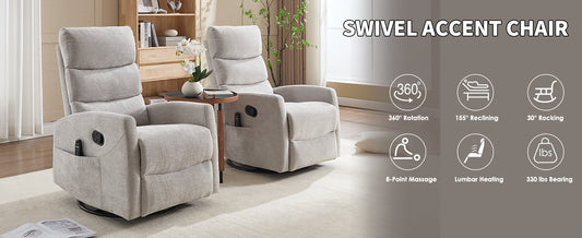 Heat Massage Manual Recliner Chair with Rocker and Swivel, two light gray fabric recliners on Tampa Home & Garden Store