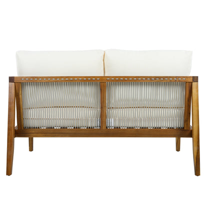 Outdoor 4-piece sofa set with acacia wood frame and rope detail, white cushions on Tampa Home & Garden Store
