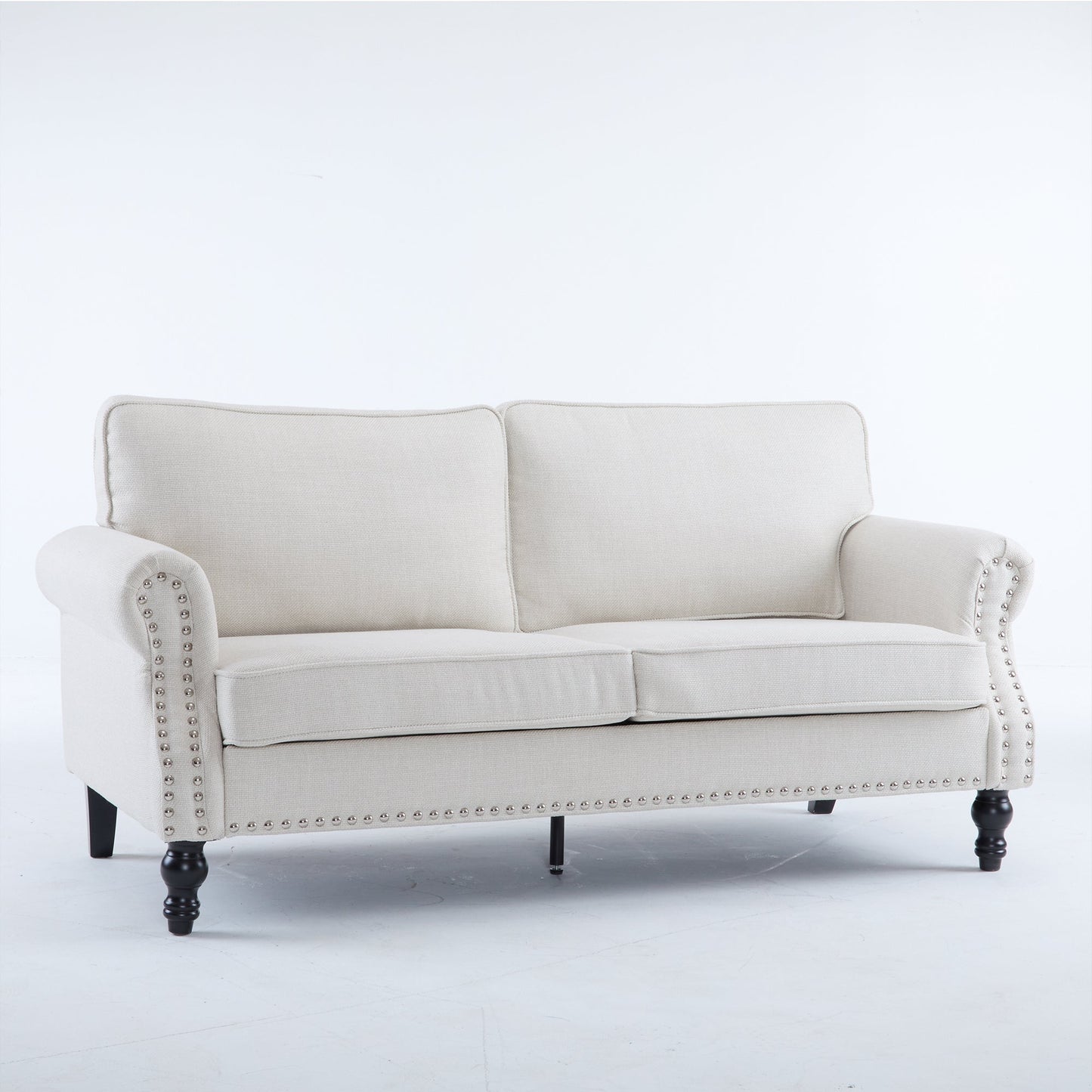 68 Inch Faux Leather Rolled Arm Sofa with Nailhead Trim beige upholstery HouseOfZazla on Tampa Home & Garden Store