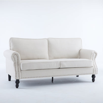 68 Inch Faux Leather Rolled Arm Sofa with Nailhead Trim beige upholstery HouseOfZazla on Tampa Home & Garden Store