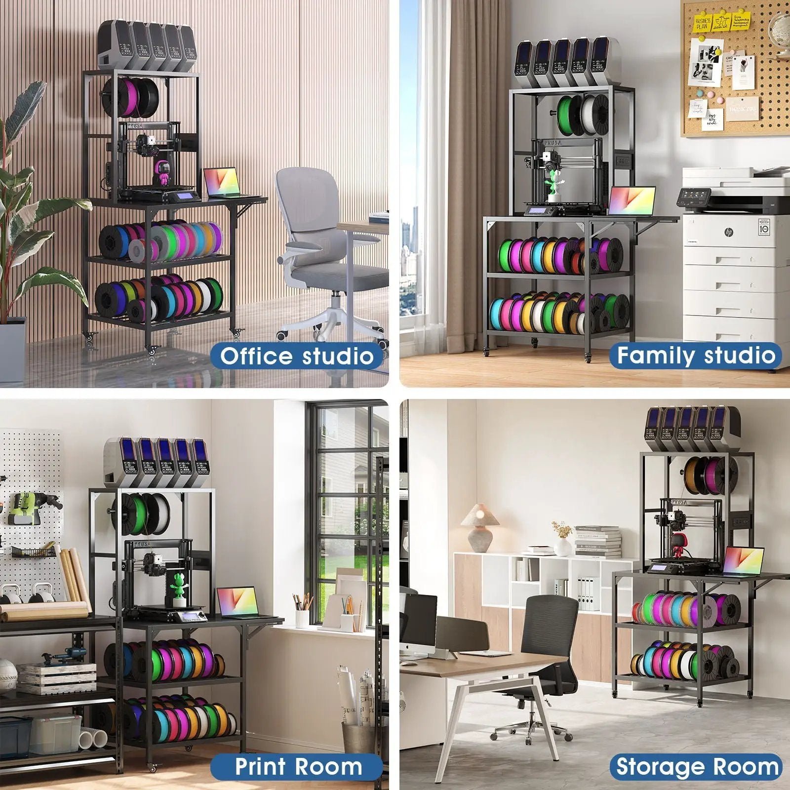 Heavy-Duty 3D printer stand with filament storage rack and spool shelves, black metal frame on Tampa Home & Garden Store