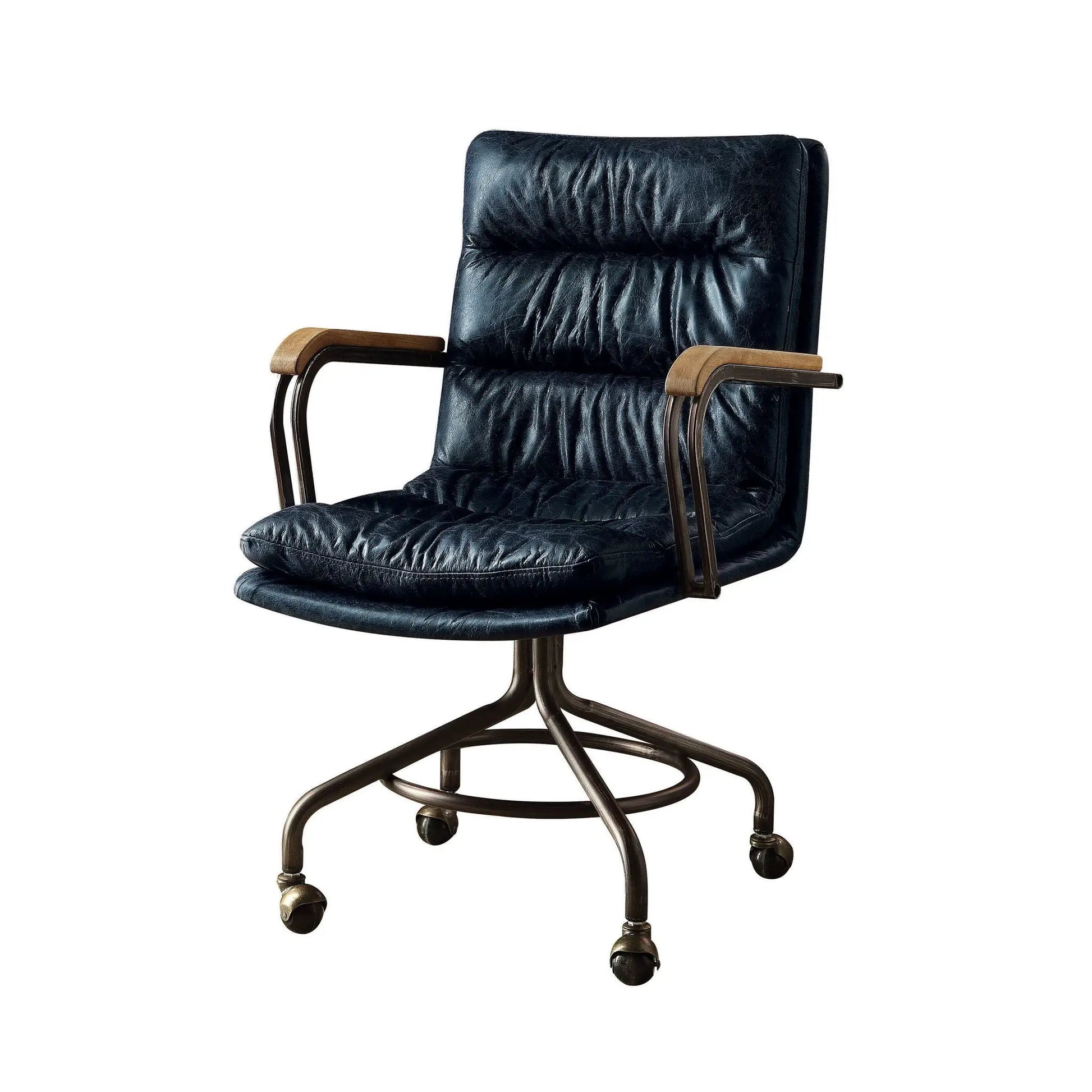 Harith Retro Top Grain Office Chair black leather, wood armrests, swivel on Tampa Home & Garden Store