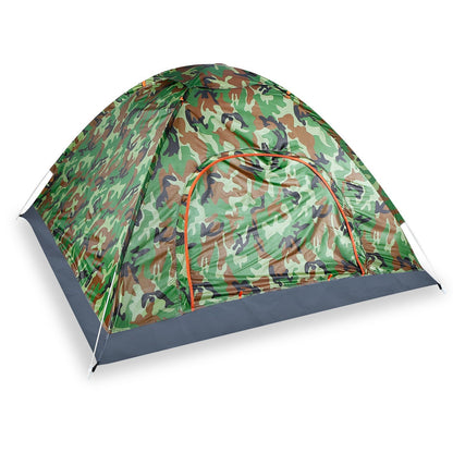 4-person camo pop-up camping tent with two mesh doors and gray base on Tampa Home & Garden Store