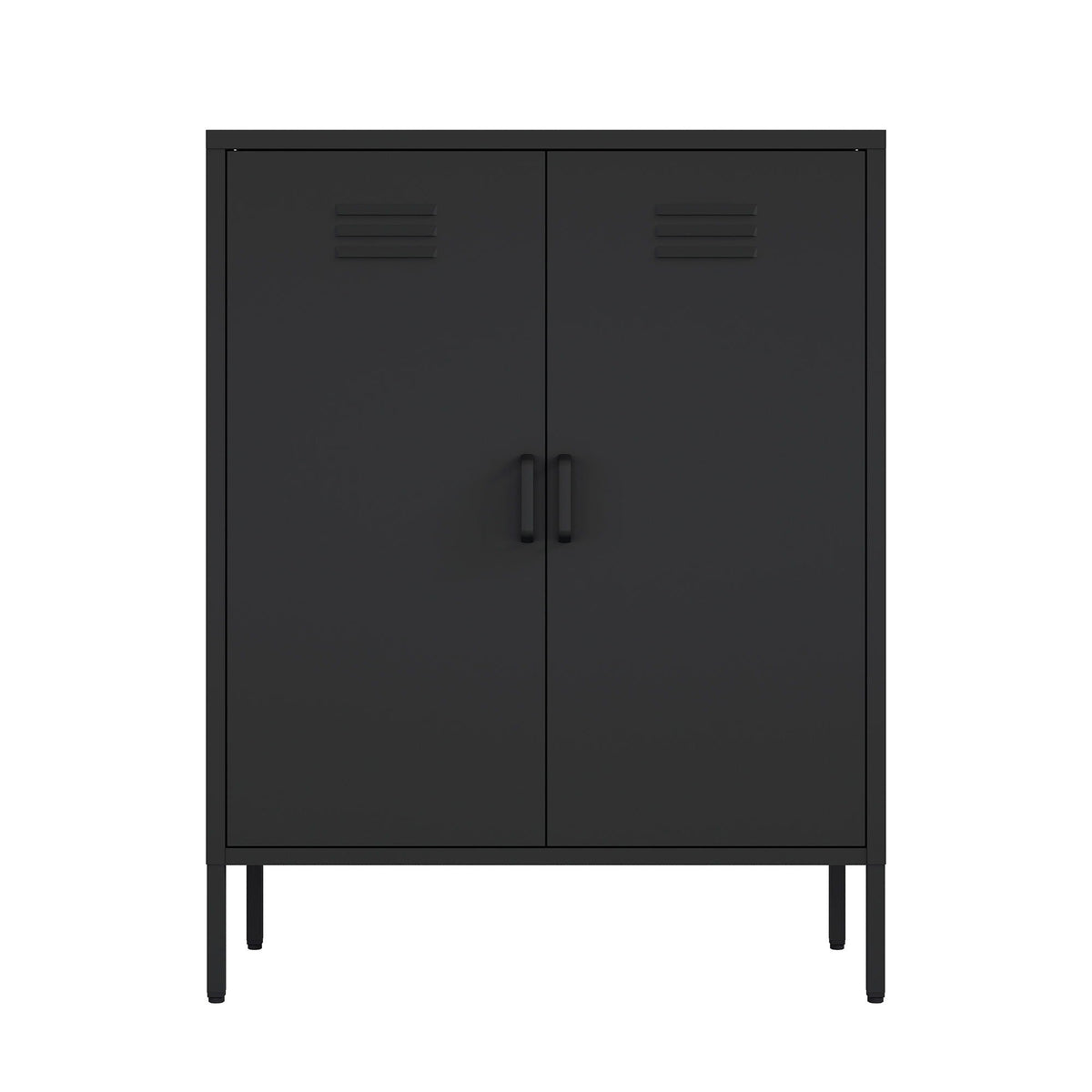 Accent cabinet in black steel finish with two doors, vented panels, adjustable shelves on Tampa Home & Garden Store