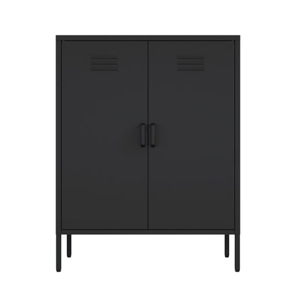Accent cabinet in black steel finish with two doors, vented panels, adjustable shelves on Tampa Home & Garden Store
