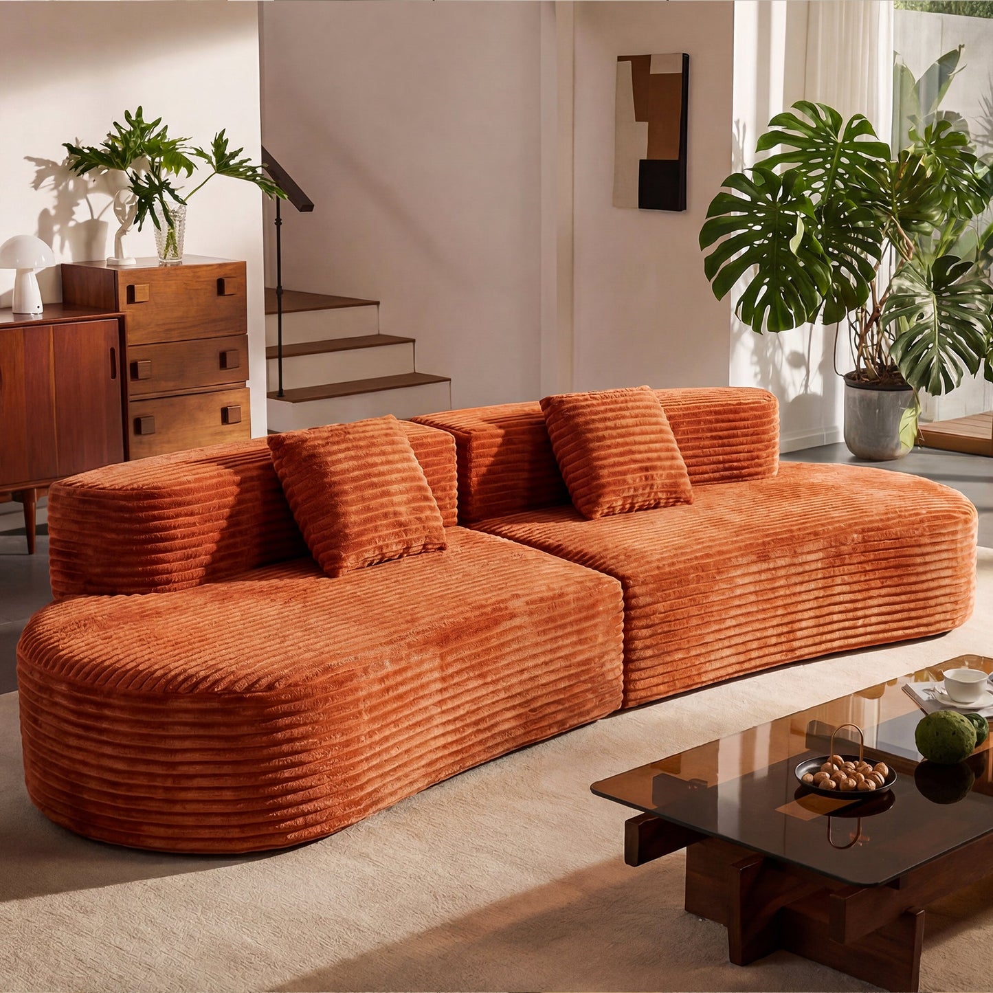 108.6-Inch Curved Combination Sofa with Modern Cloud Pattern in orange corduroy, sectional on Tampa Home & Garden Store