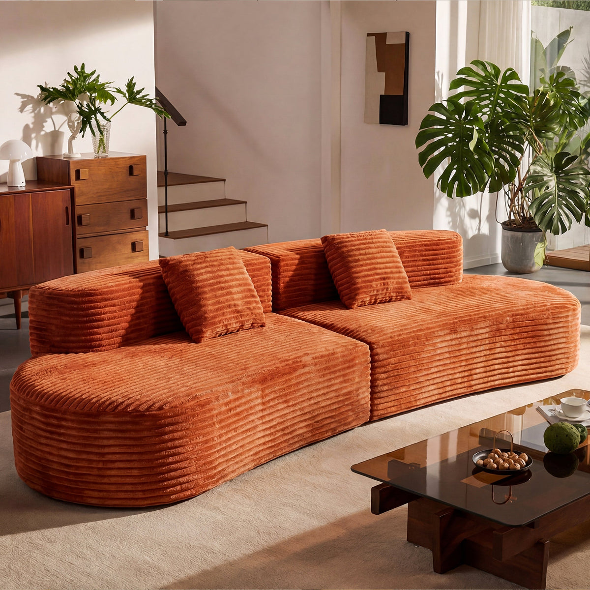 108.6-Inch Curved Combination Sofa with Modern Cloud Pattern in orange corduroy, sectional on Tampa Home & Garden Store