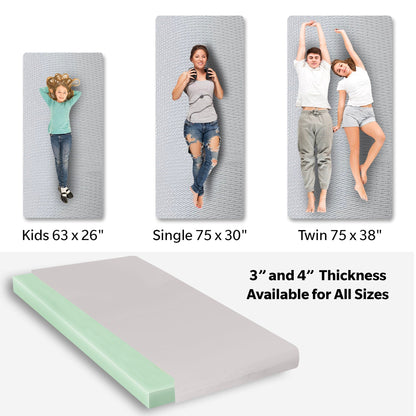 Memory Foam Camping Mattress HouseOfZazla kids, single and twin sizes; gray cover mint edge on Tampa Home & Garden Store