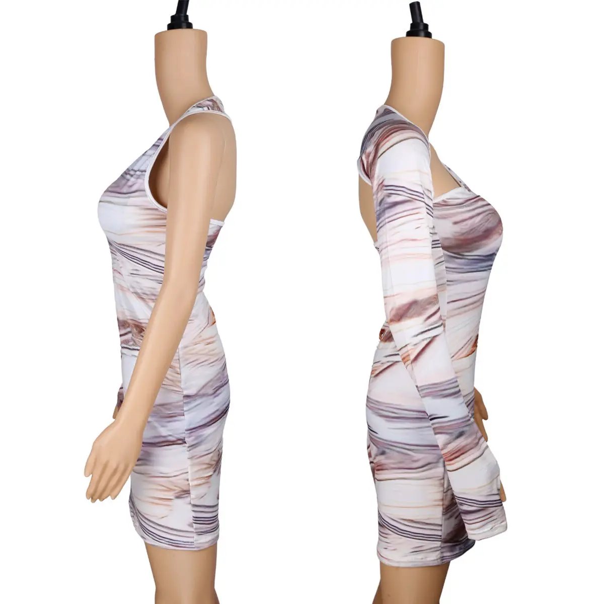 White-brown woodgrain print one-sleeve bodycon dress FlipStylez LLC short length on Tampa Home & Garden Store