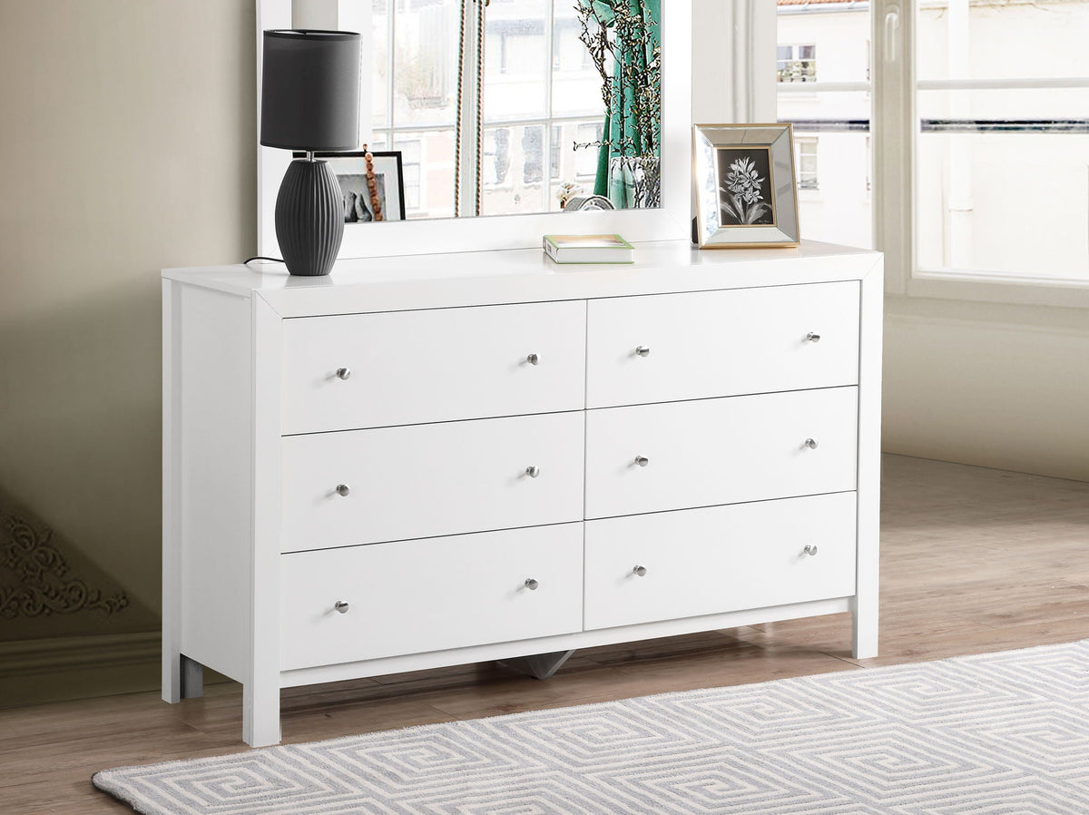 Elegant transitional white wooden dresser with drawers and chrome knobs on Tampa Home & Garden Store