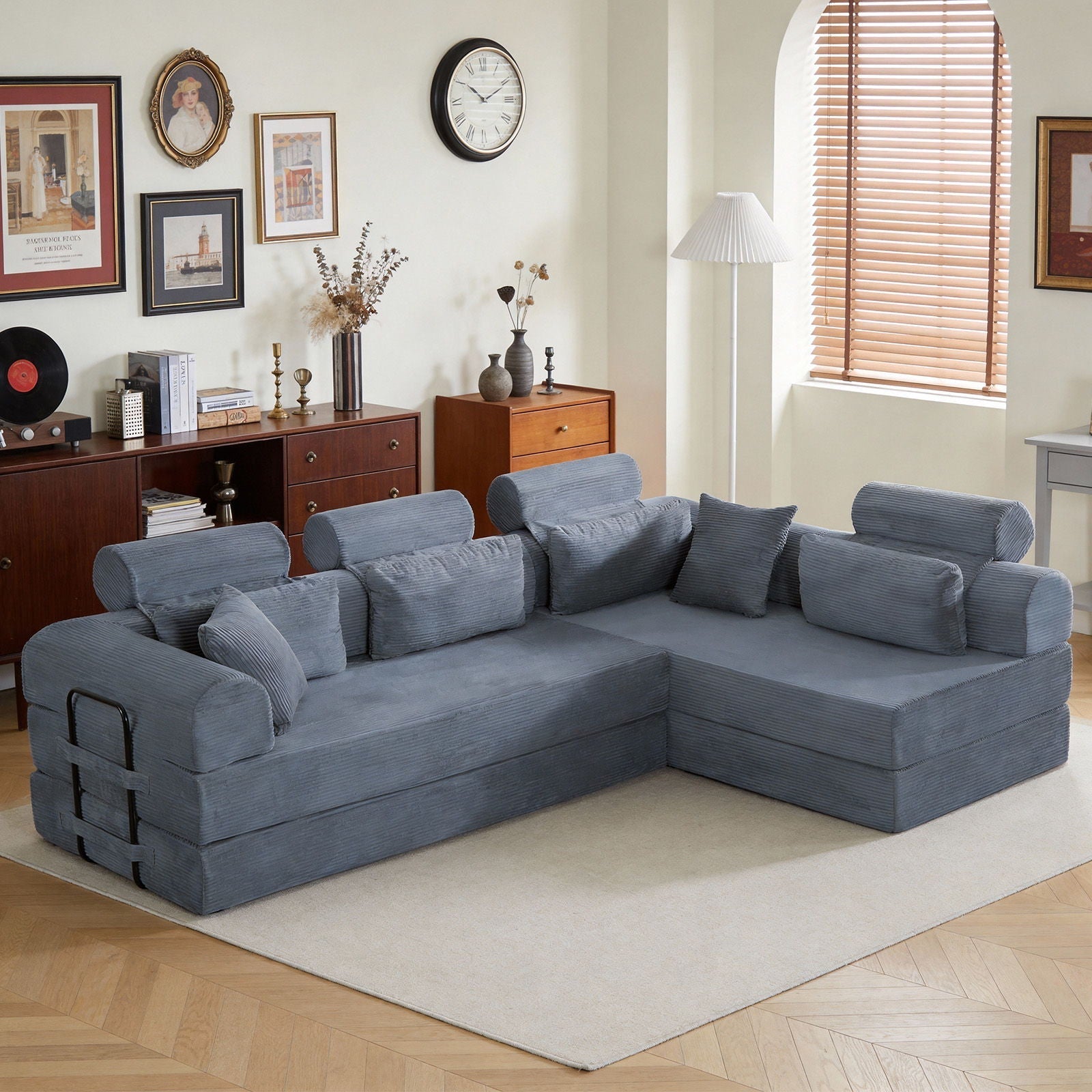 HouseOfZazla Modern L-Shape Modular Sectional Sofa in blue-grey corduroy with plush cushions on Tampa Home & Garden Store