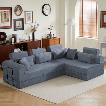 HouseOfZazla Modern L-Shape Modular Sectional Sofa in blue-grey corduroy with plush cushions on Tampa Home & Garden Store