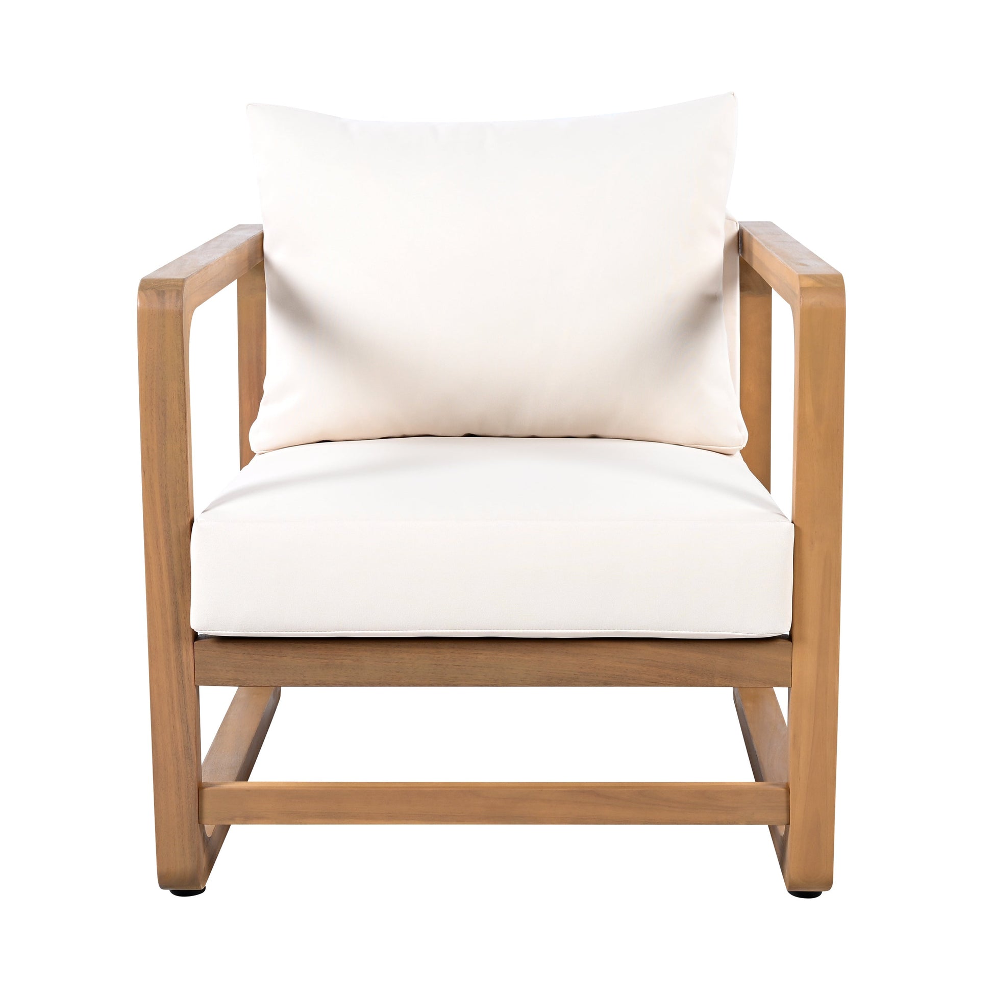Acacia wood outdoor club chair with cream cushion and rectangular armrests on Tampa Home & Garden Store