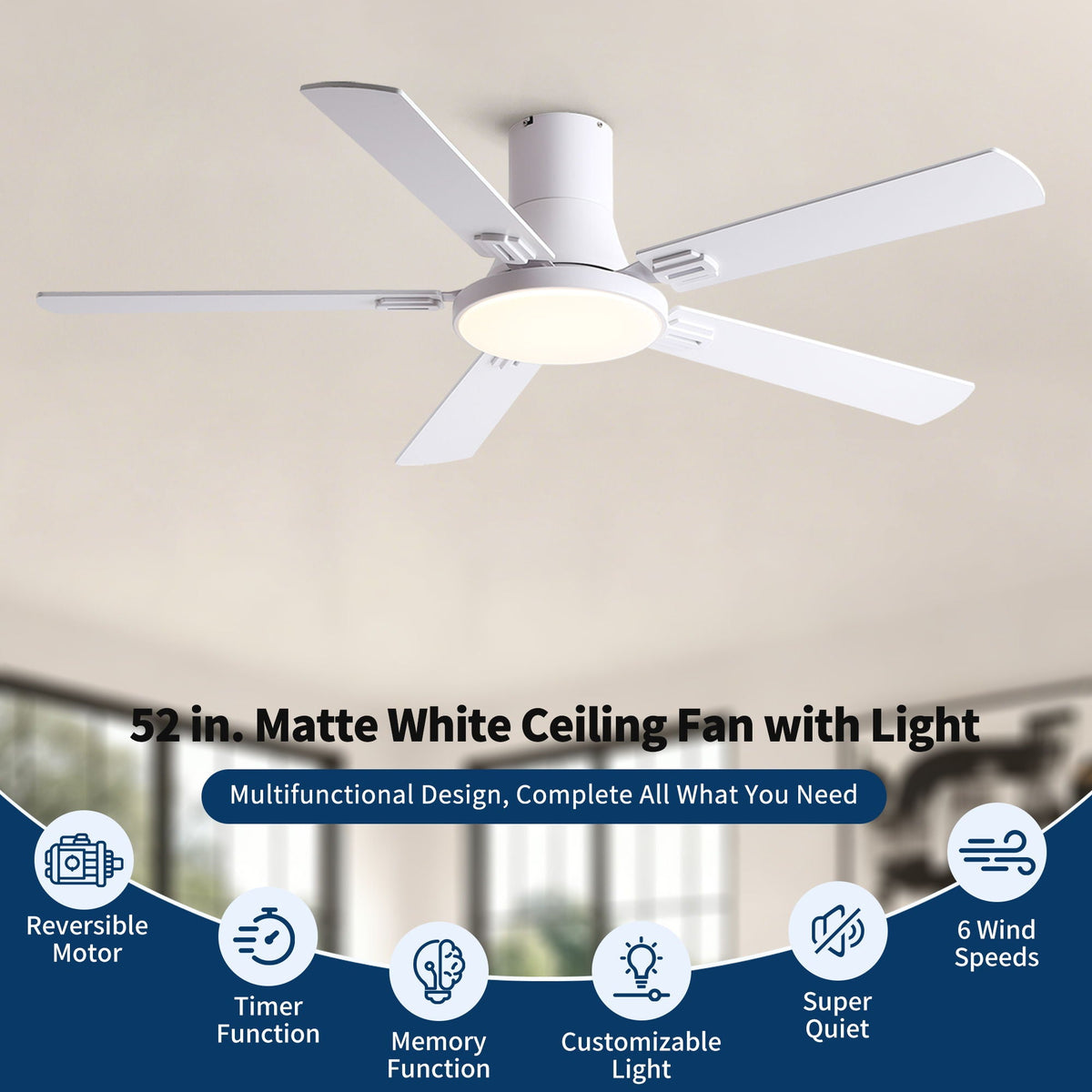 Flush mount ceiling fan with LED light and remote, matte white blades by HouseOfZazla on Tampa Home & Garden Store