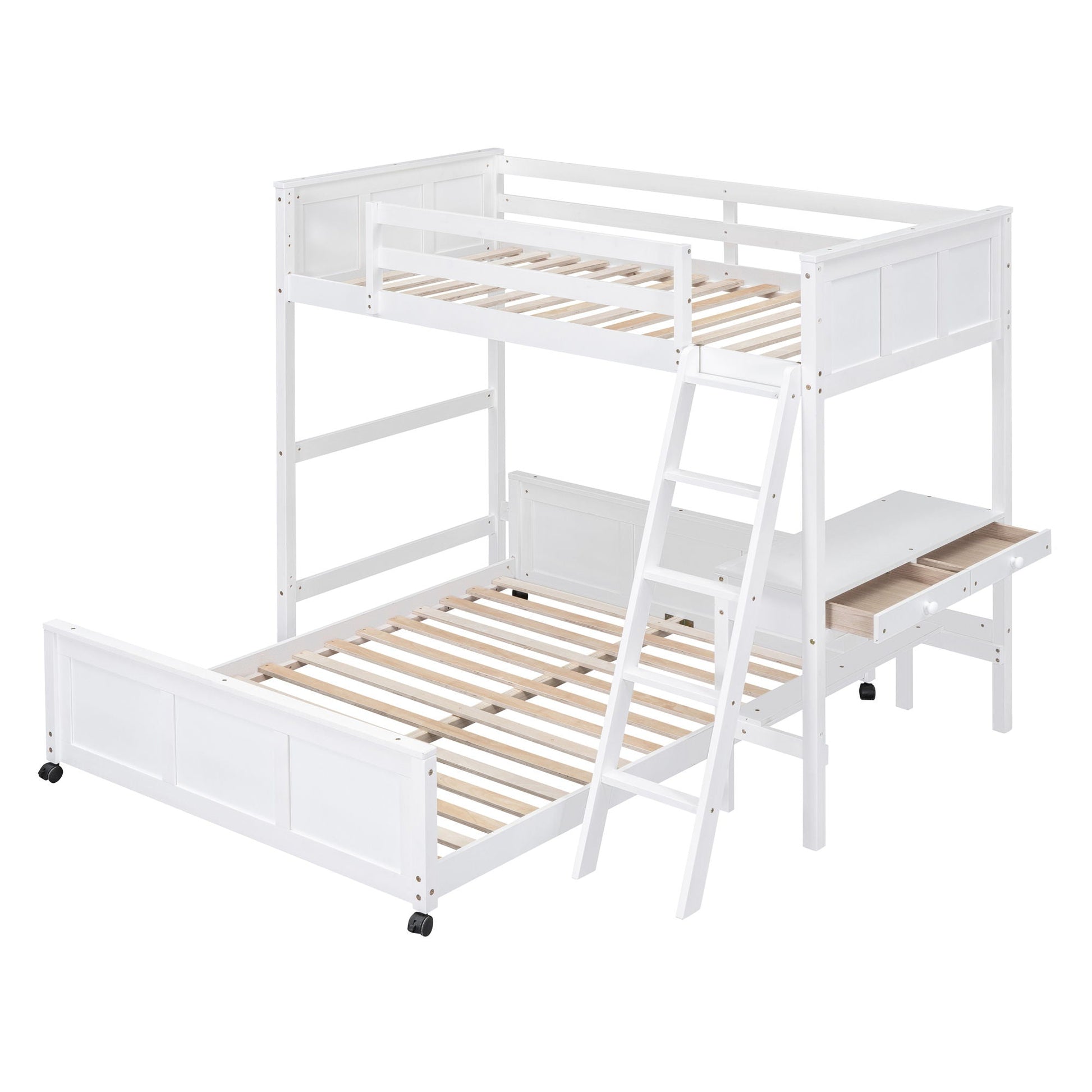 Full over full bunk bed with desk, white finish, built-in drawers and ladder on Tampa Home & Garden Store