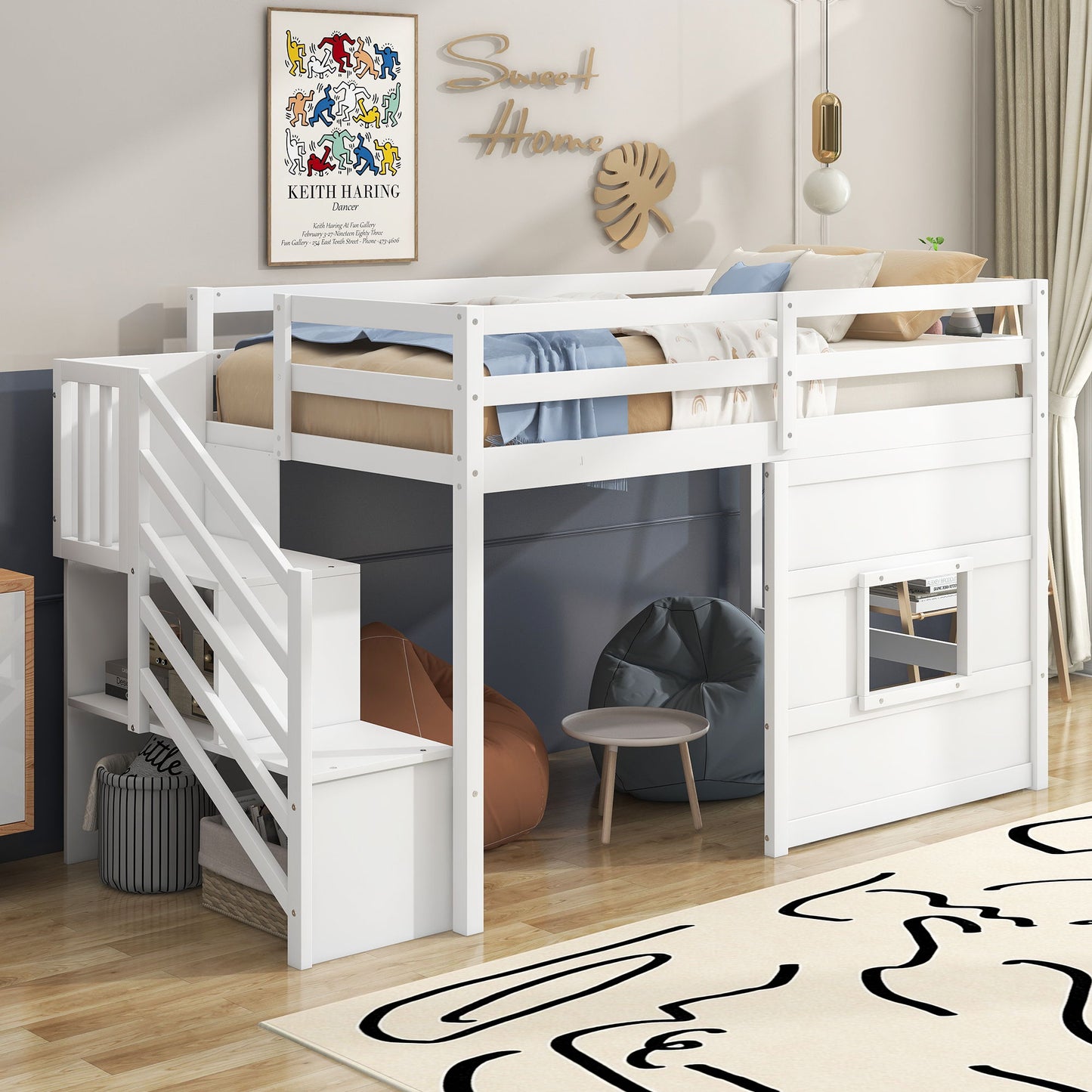 White loft bed with storage staircase and window by HouseOfZazla, featuring LED light on Tampa Home & Garden Store