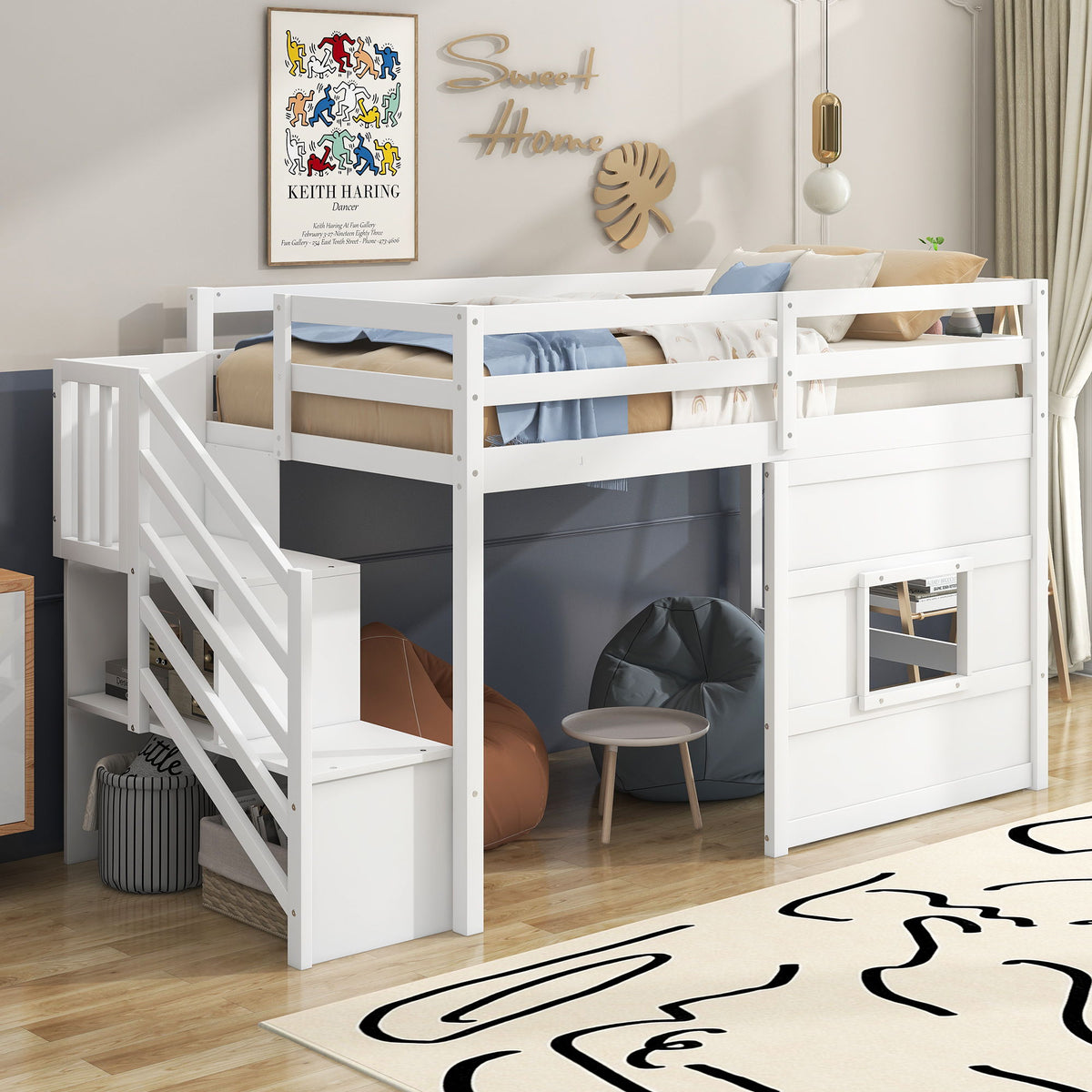 White loft bed with storage staircase and window by HouseOfZazla, featuring LED light on Tampa Home & Garden Store