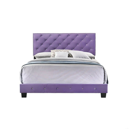 Luxurious upholstered bed with a purple tufted headboard, diamond stitching, nailhead trim on Tampa Home & Garden Store