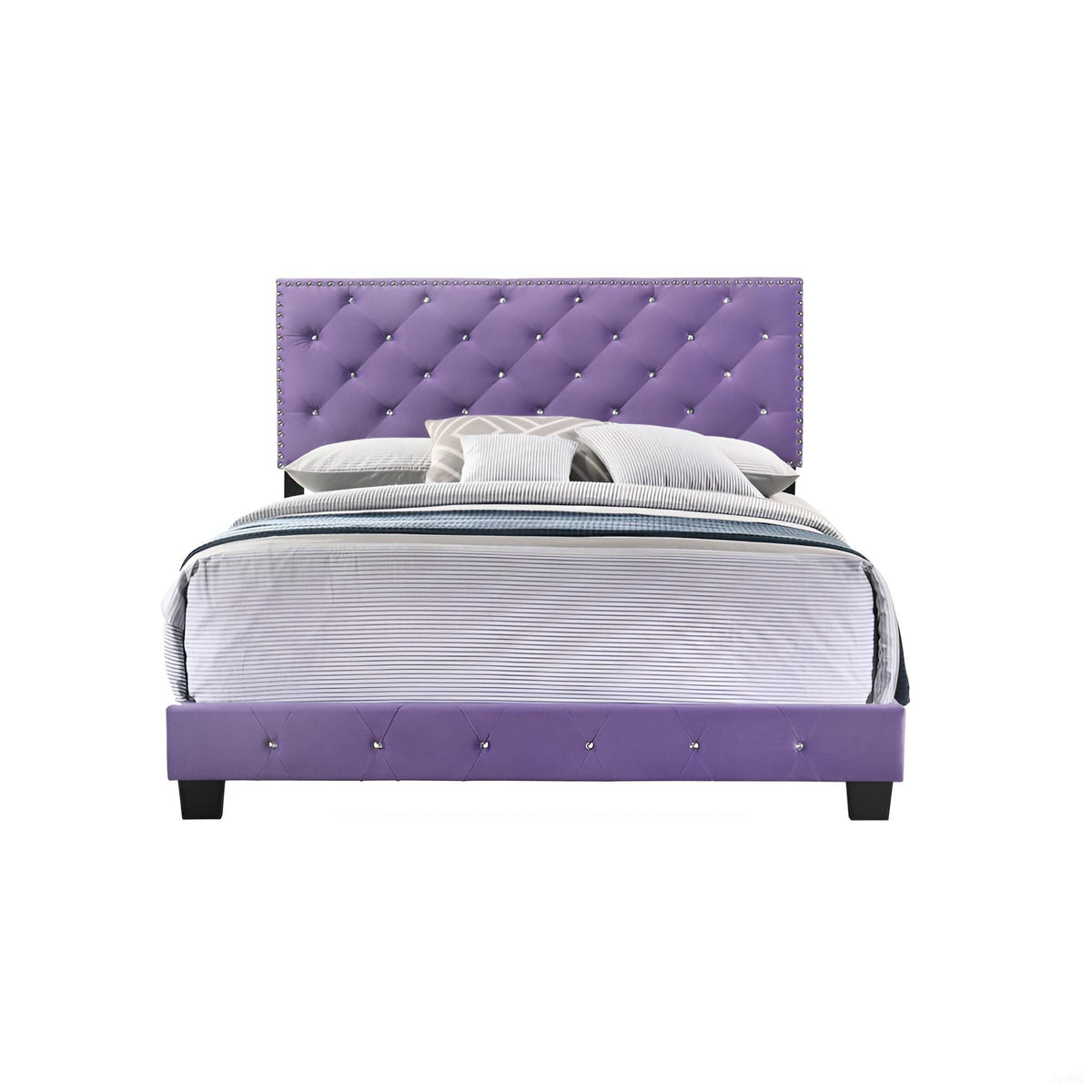 Luxurious Upholstered Bed with purple tufted headboard and nailhead trim on Tampa Home & Garden Store