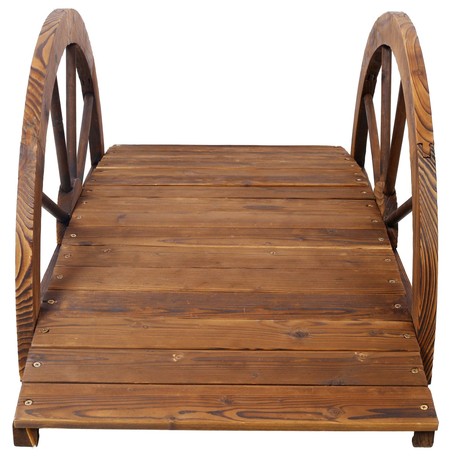 Wooden garden bridge arc footbridge with half-wheel railings brown solid wood on Tampa Home & Garden Store