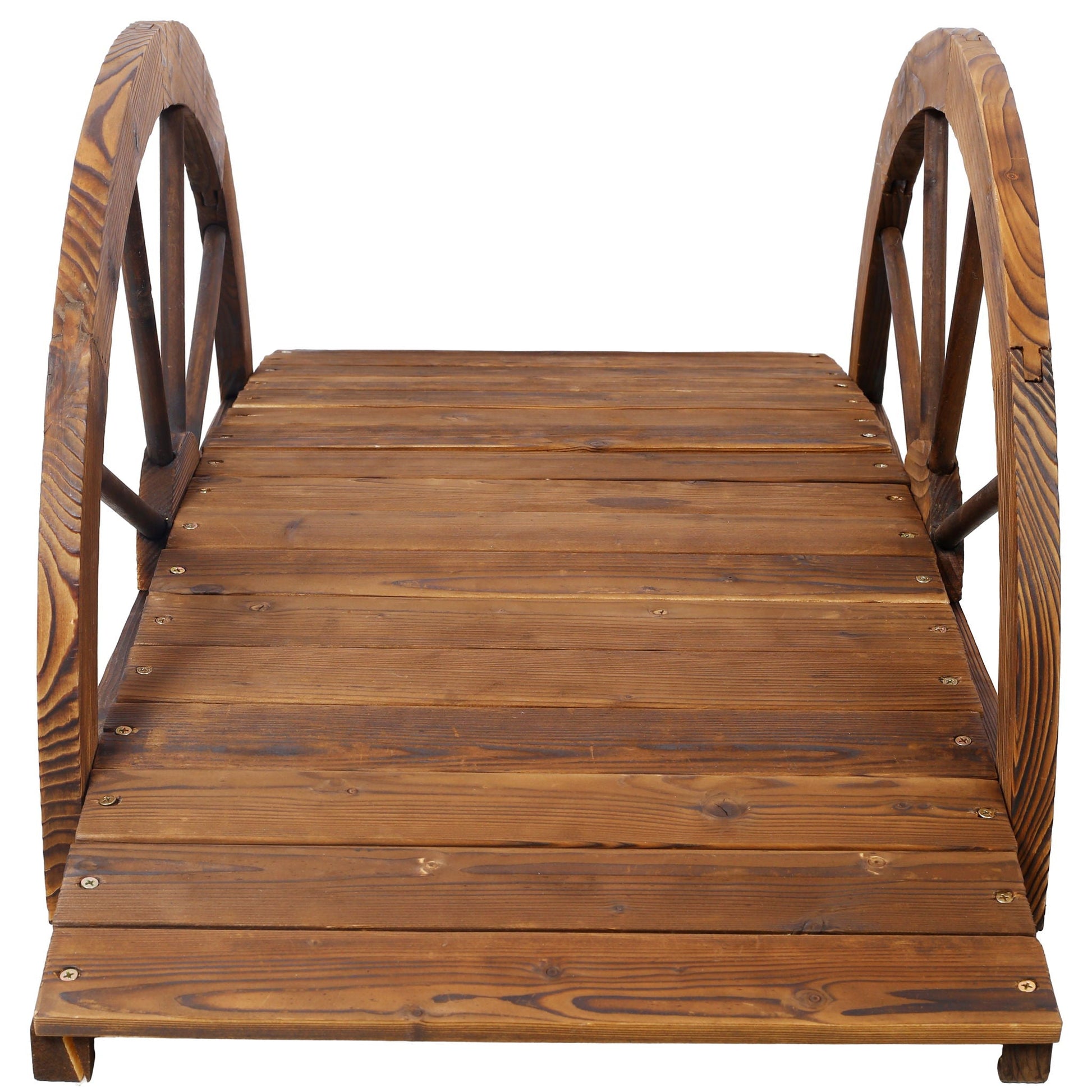 Wooden garden bridge arc footbridge with half-wheel railings brown solid wood on Tampa Home & Garden Store