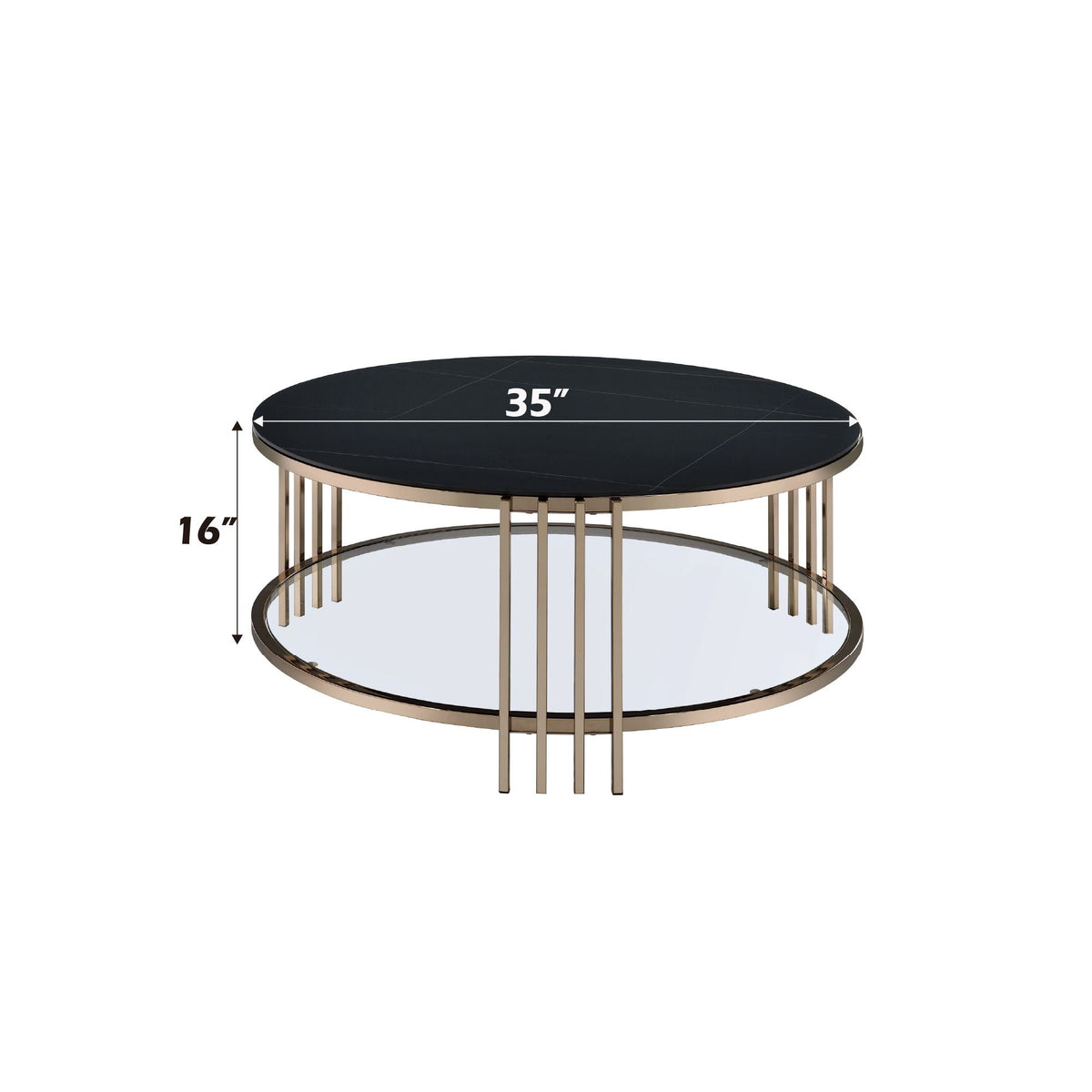 Abisha Sintered Stone Top Round Coffee Table with lower shelf black top, gold frame, HouseOfZazla on Tampa Home & Garden Store