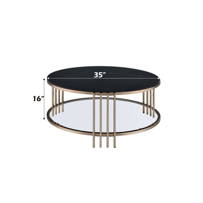 Abisha Sintered Stone Top Round Coffee Table with lower shelf black top, gold frame, HouseOfZazla on Tampa Home & Garden Store