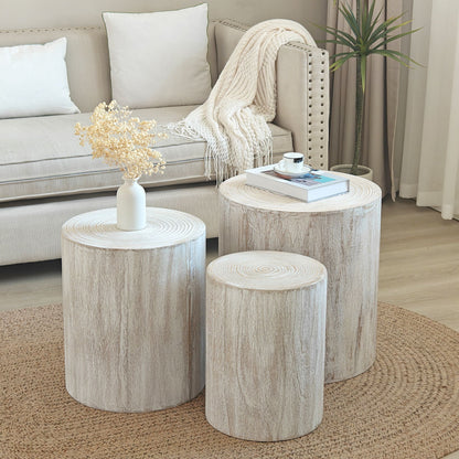Cylinder Nesting Tables set of 3 in light whitewashed engineered wood by HouseOfZazla on Tampa Home & Garden Store