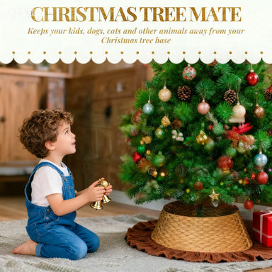 Rustic Christmas Tree Skirt plastic woven Collar around a decorated tree with a child nearby on Tampa Home & Garden Store