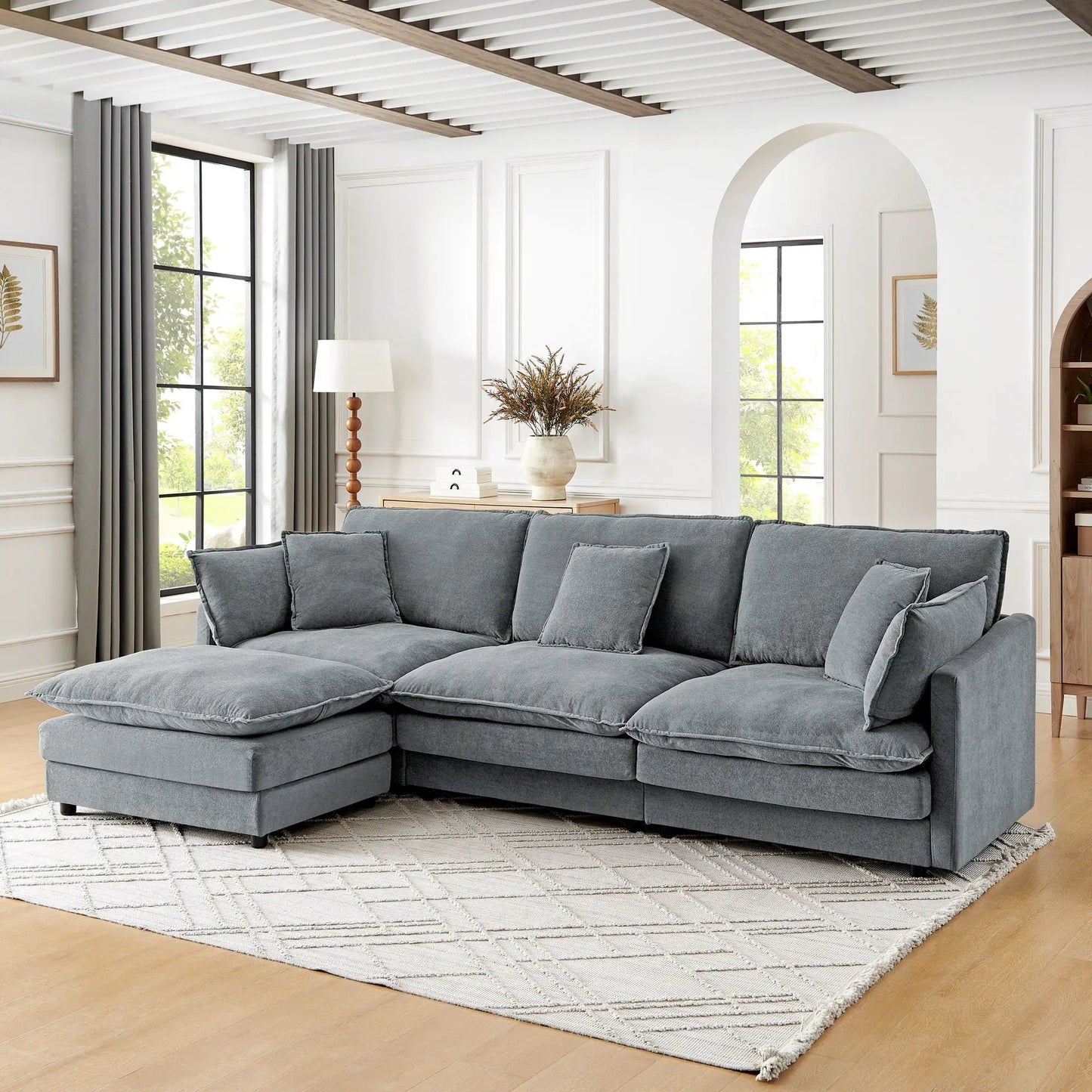 L-Shaped sectional sofa with ottoman in blue-gray fabric, two-piece living room set, Unique Piece Furniture on Tampa Home & Garden Store