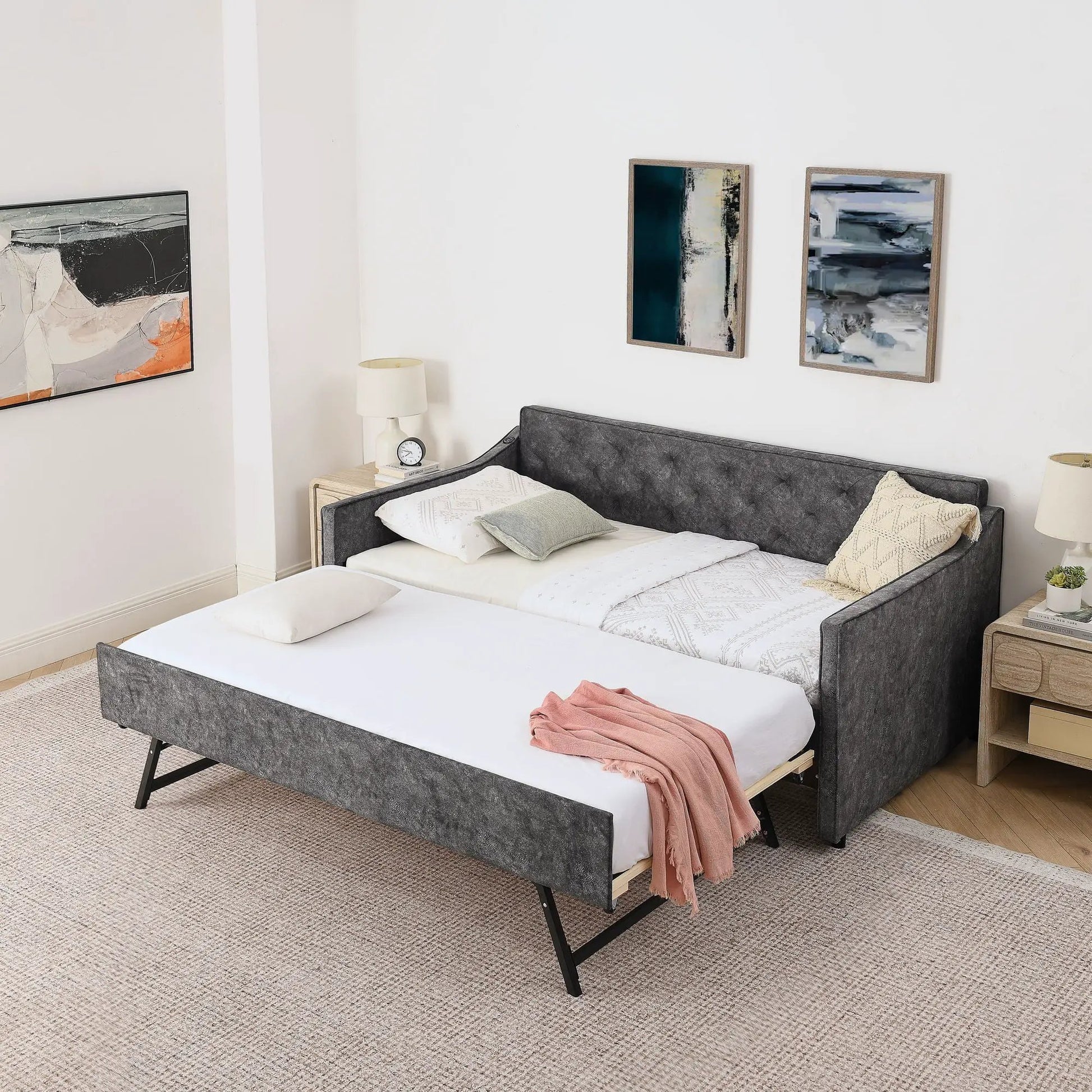 Daybed gray upholstered with pop-up trundle and USB armrest by Unique Piece Furniture on Tampa Home & Garden Store