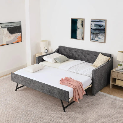 Daybed gray upholstered with pop-up trundle and USB armrest by Unique Piece Furniture on Tampa Home & Garden Store