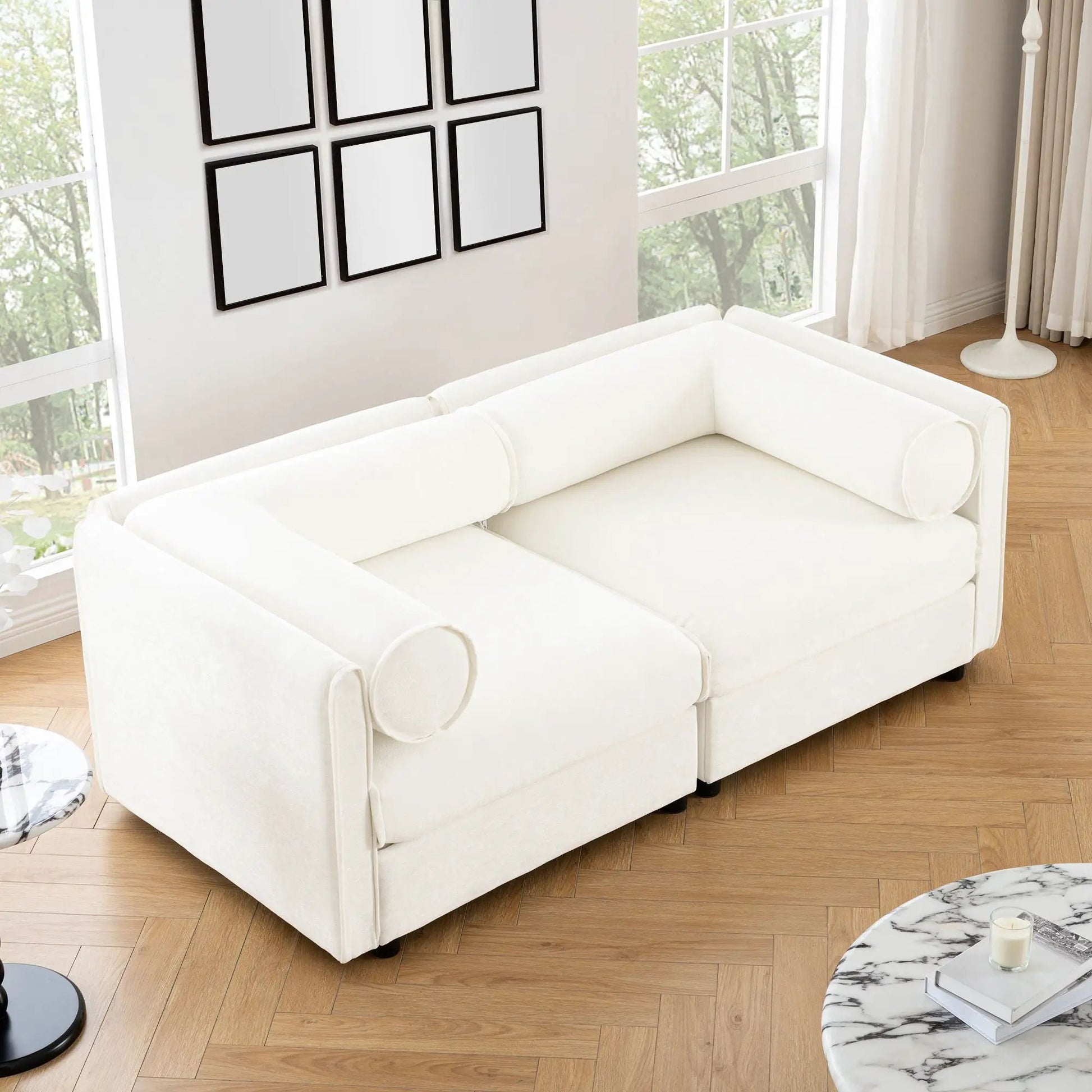 Stationary white sofa with storage and cylindrical backrest by Unique Piece Furniture on Tampa Home & Garden Store