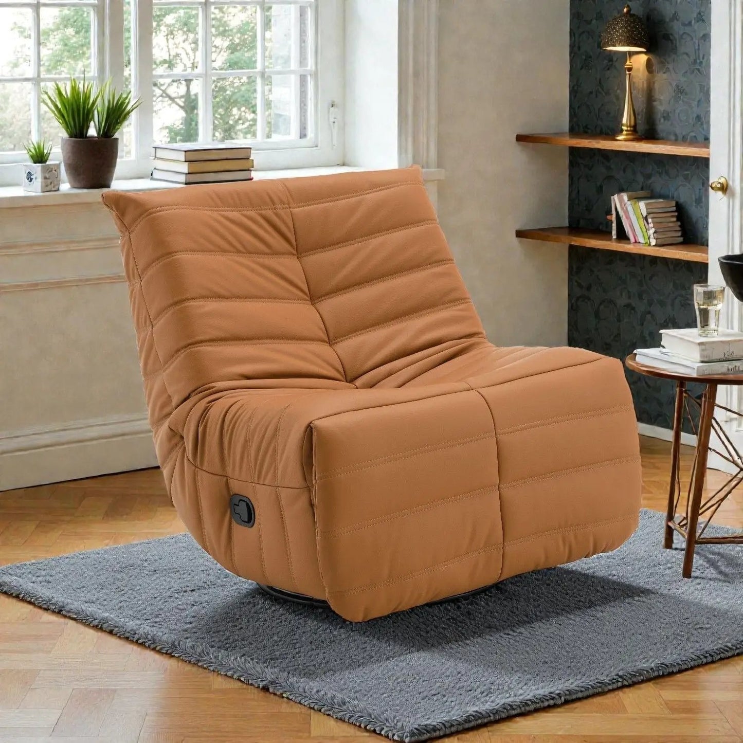 Glider recliner chair with swivel in tan leather upholstery on Tampa Home & Garden Store