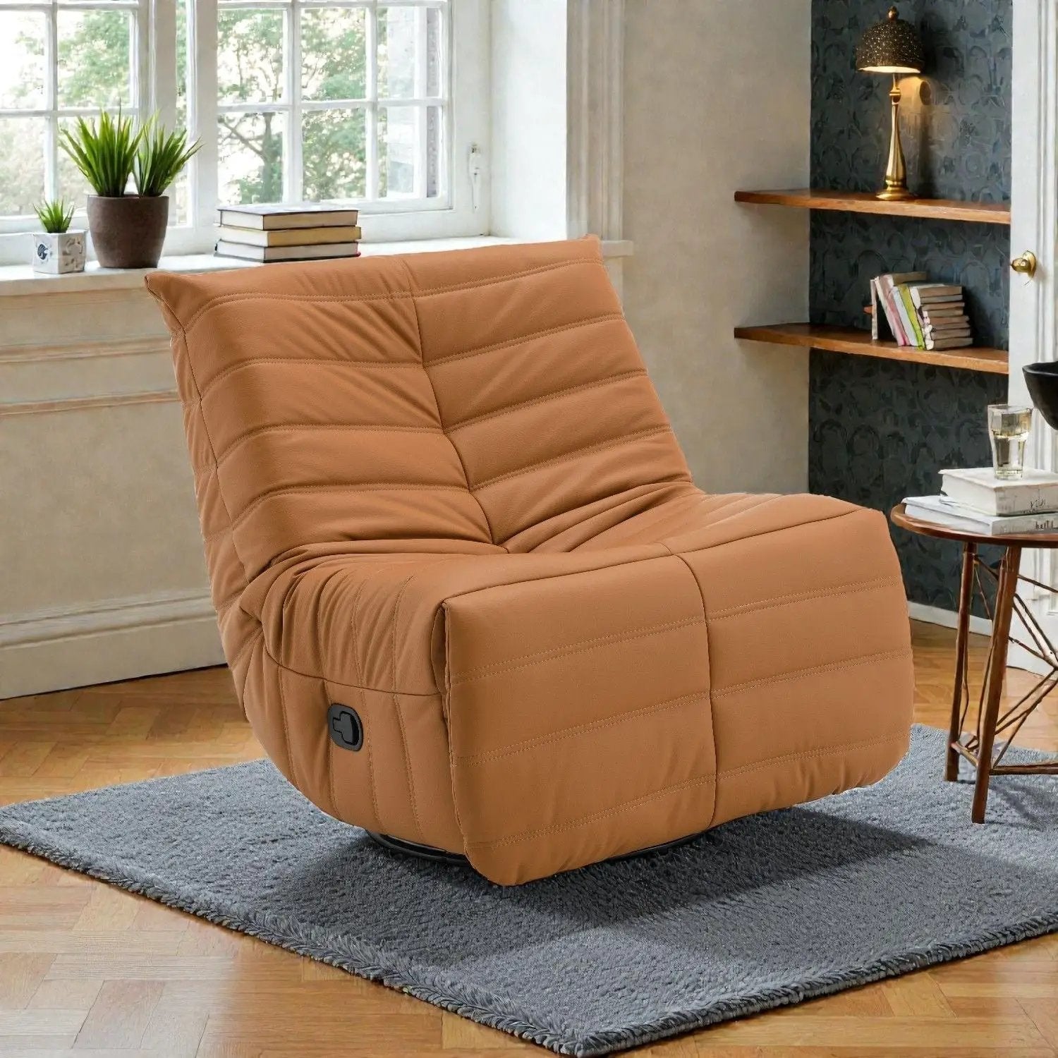 Glider recliner chair with swivel in tan leather upholstery on Tampa Home & Garden Store