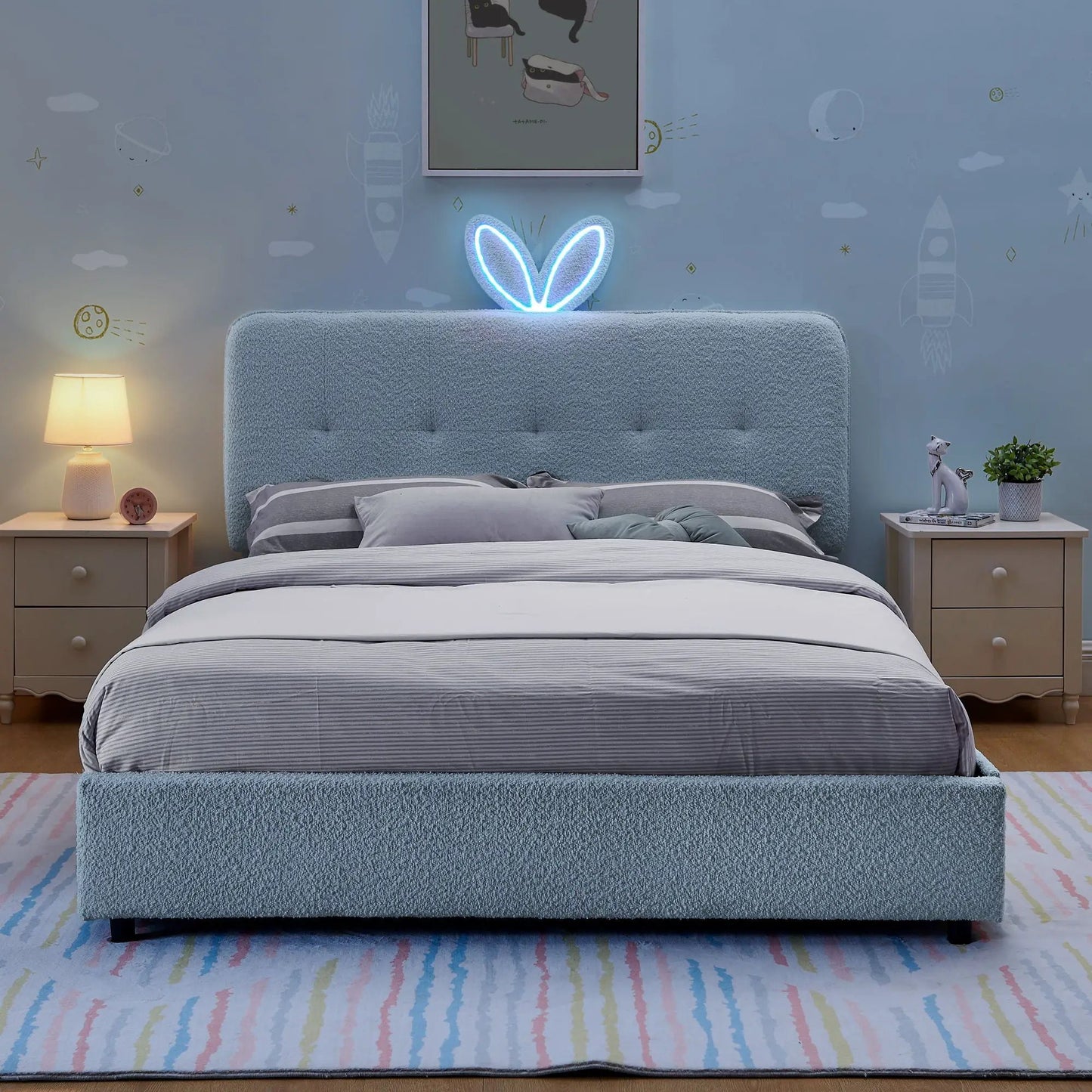Upholstered Bed with Rabbit Ear Headboard and LED