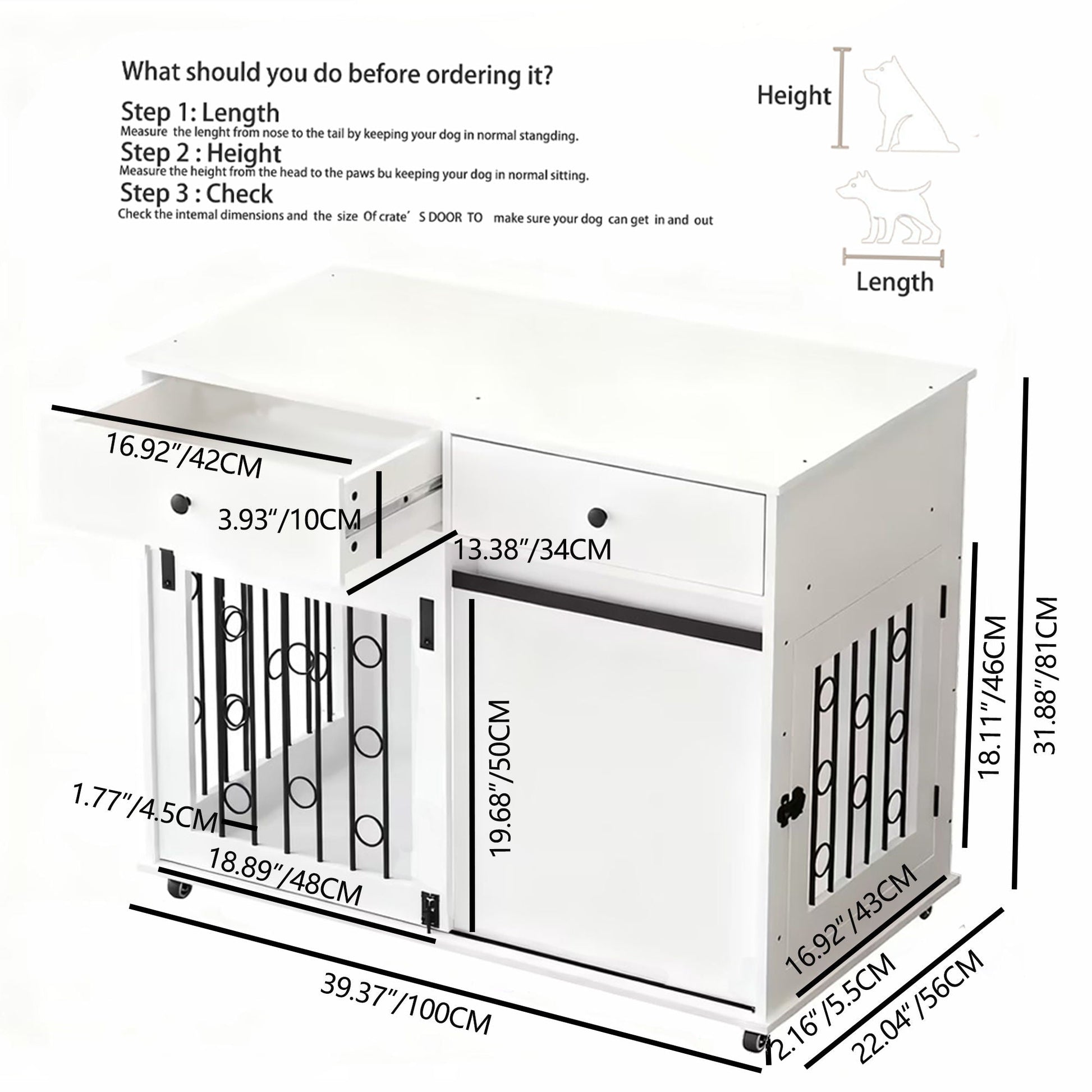 White dog crate cabinet with drawers and sliding barn door by HouseOfZazla pet kennel on Tampa Home & Garden Store