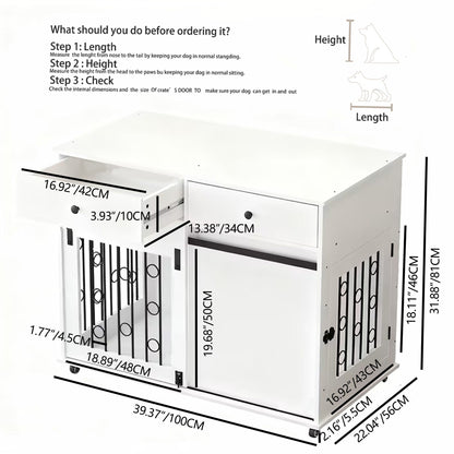 White dog crate cabinet with drawers and sliding barn door by HouseOfZazla pet kennel on Tampa Home & Garden Store
