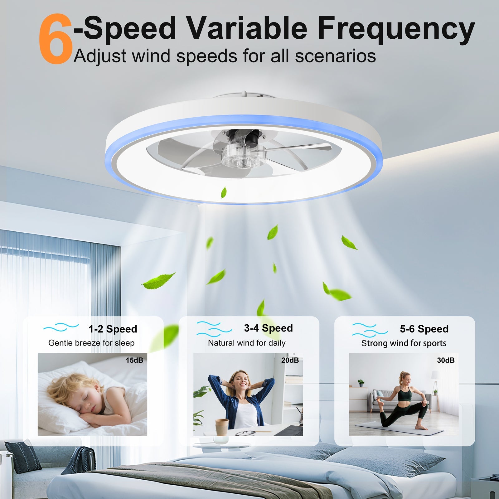 23.6-inch modern RGB ceiling fan with lights, white body and blue LED rim by HouseOfZazla on Tampa Home & Garden Store