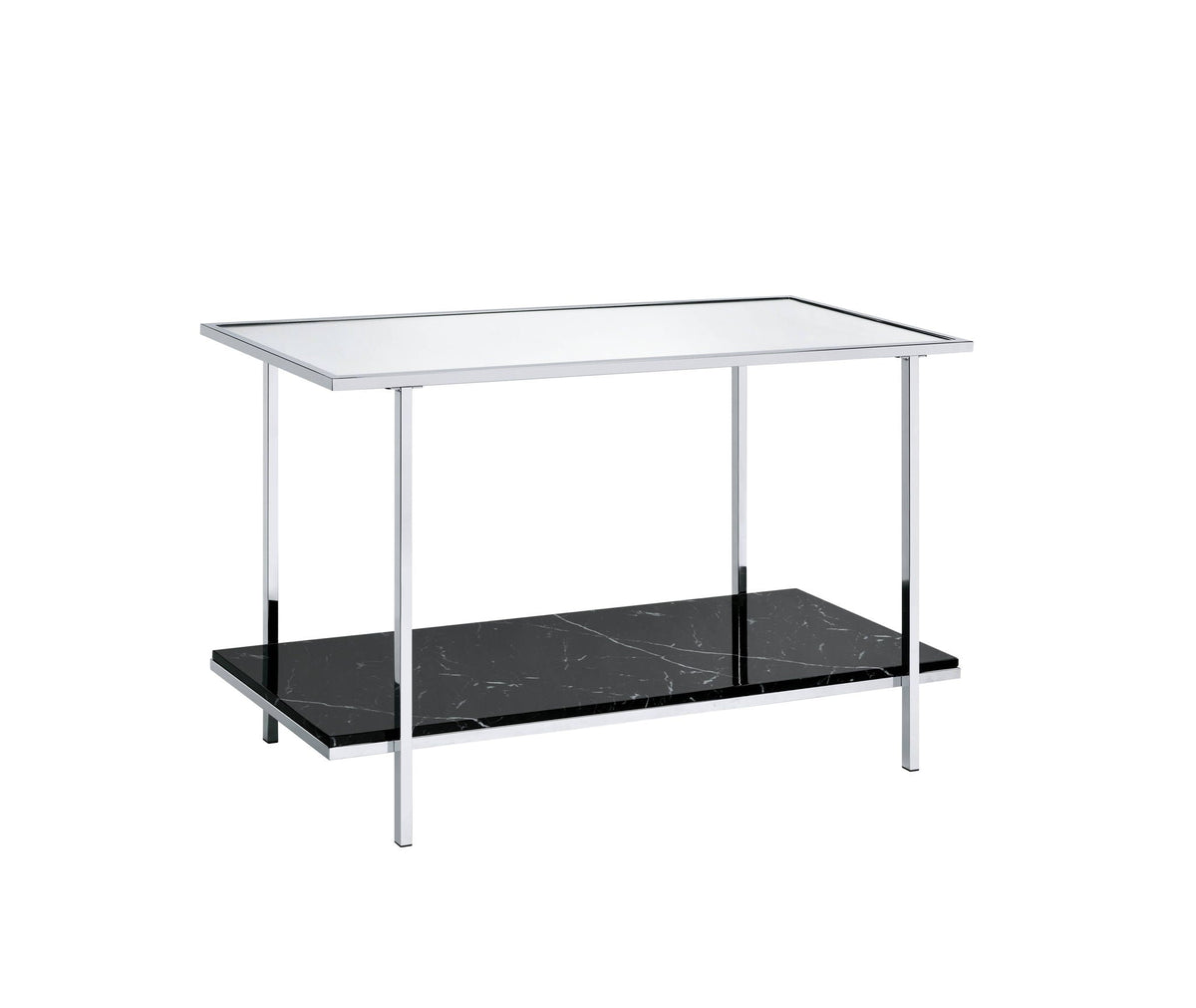 Mirrored faux marble console table with metal frame and black marble lower shelf on Tampa Home & Garden Store