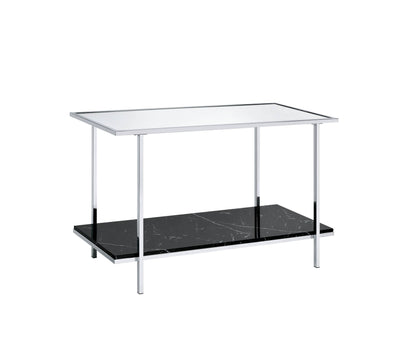 Mirrored faux marble console table with metal frame and black marble lower shelf on Tampa Home & Garden Store