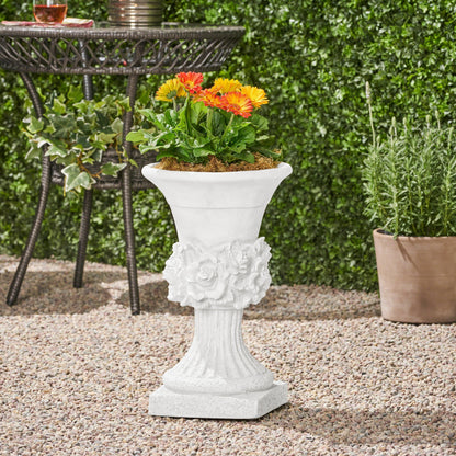 MGO Garden Urn Planter by HouseOfZazla, white stone finish with orange and yellow gerberas on Tampa Home & Garden Store